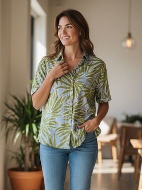 Sigrid Olsen 100% Linen Button Down Top Green Palm Print Long Sleeve Shirt M